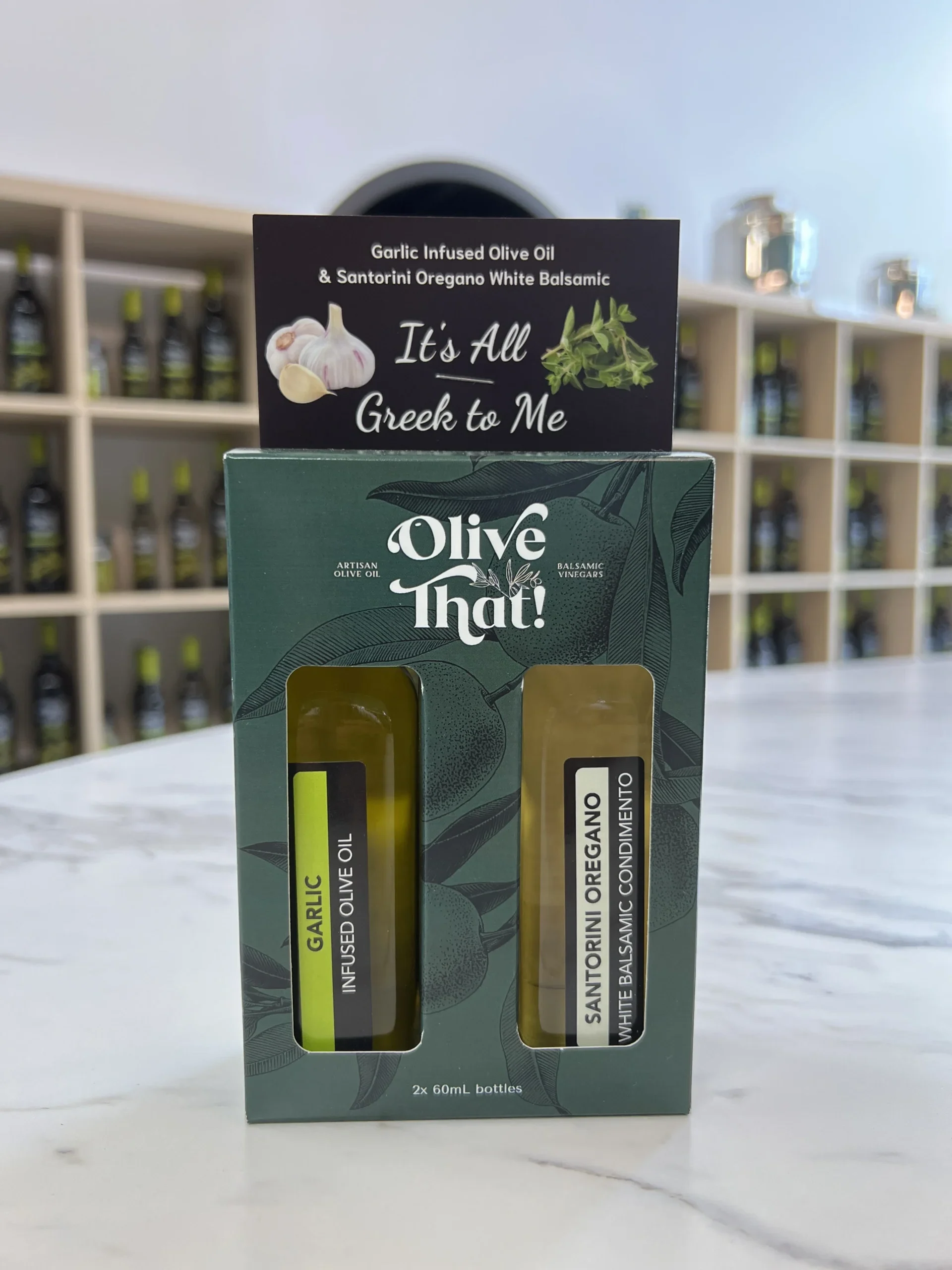 Greek inspired combination of Garlic Infused Olive Oil and Santorini Oregano White Balsamic Vinegar