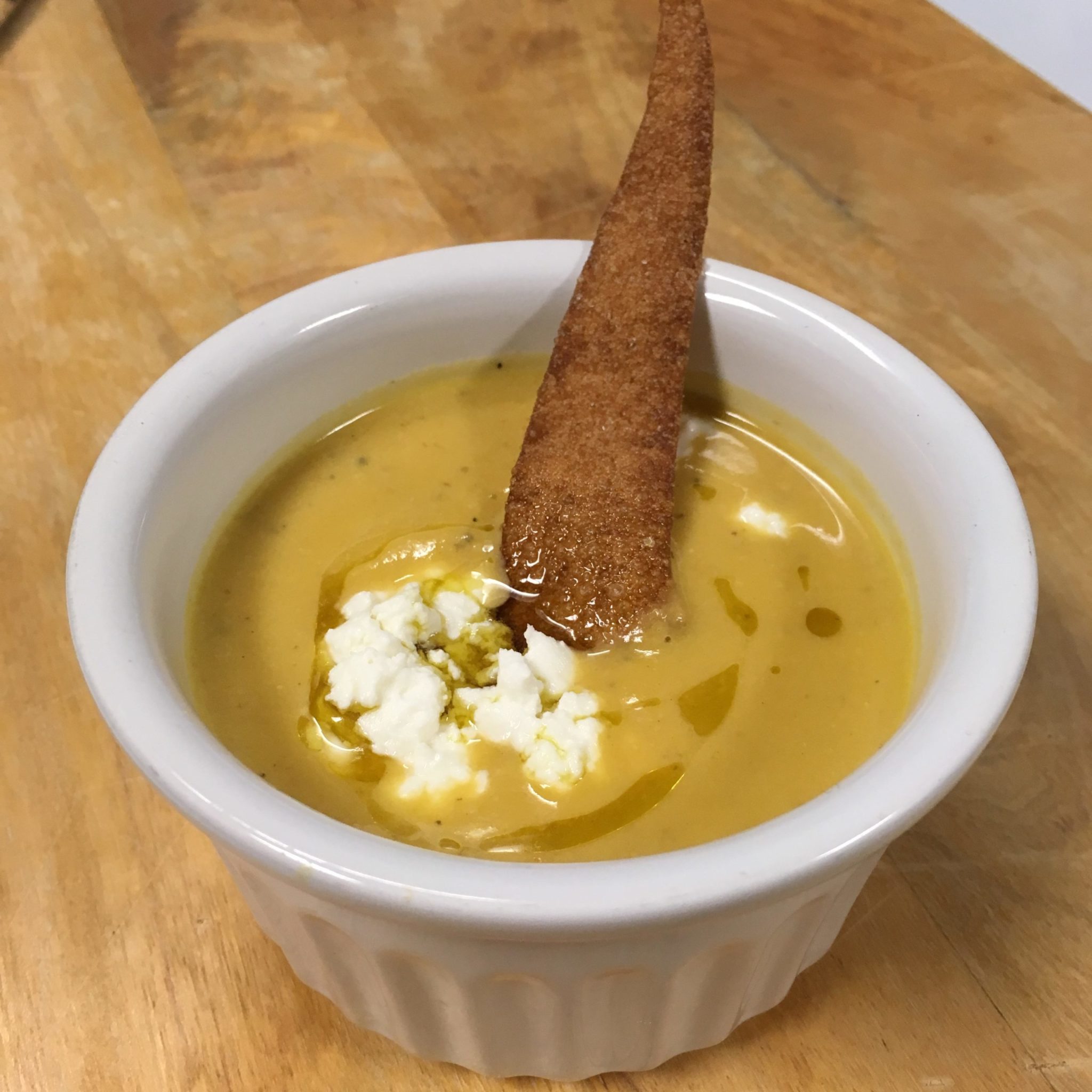Butternut Squash Soup with Tuile, Goat Cheese and Butternut Squash Oil Drizzle