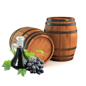 Barrel and jug of syrupy balsamic vinegar showcasing Olive That reduction consistency dark balsamic vinegar